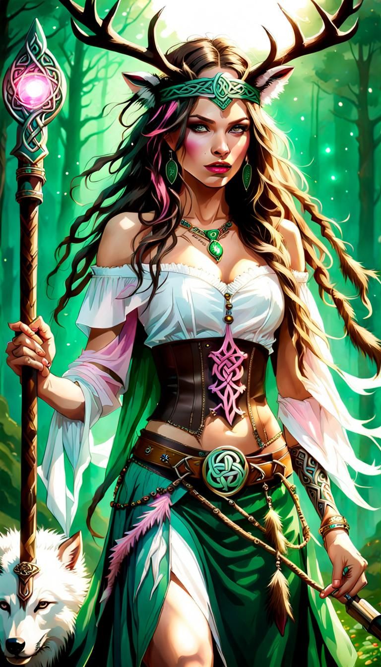 Woman with Wolf Headdress, Celtic Tattoo Art