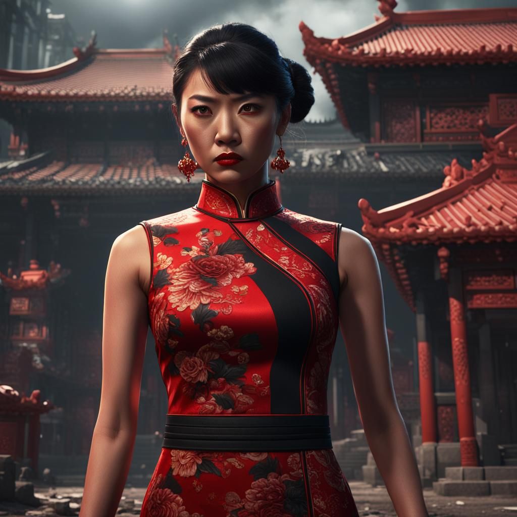 Fearless Asian Gangster Woman in Cheongsam