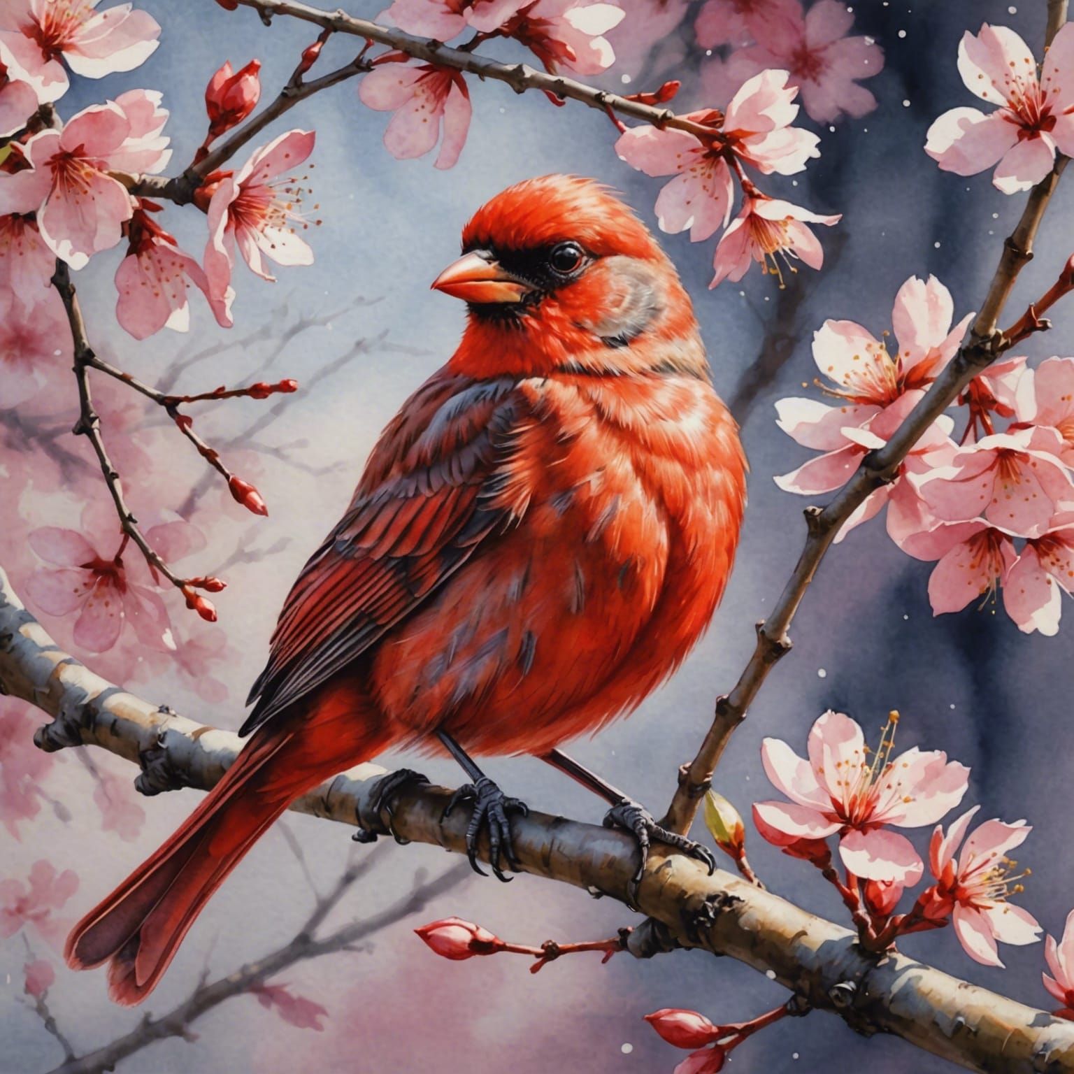 Red Bird on Sakura Branch in Watercolor Style
