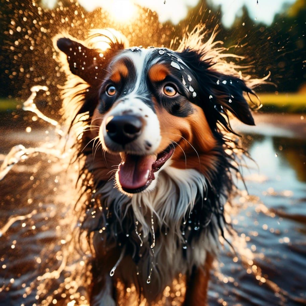 Hyperrealistic Australian Shepherd Shakes Off Water