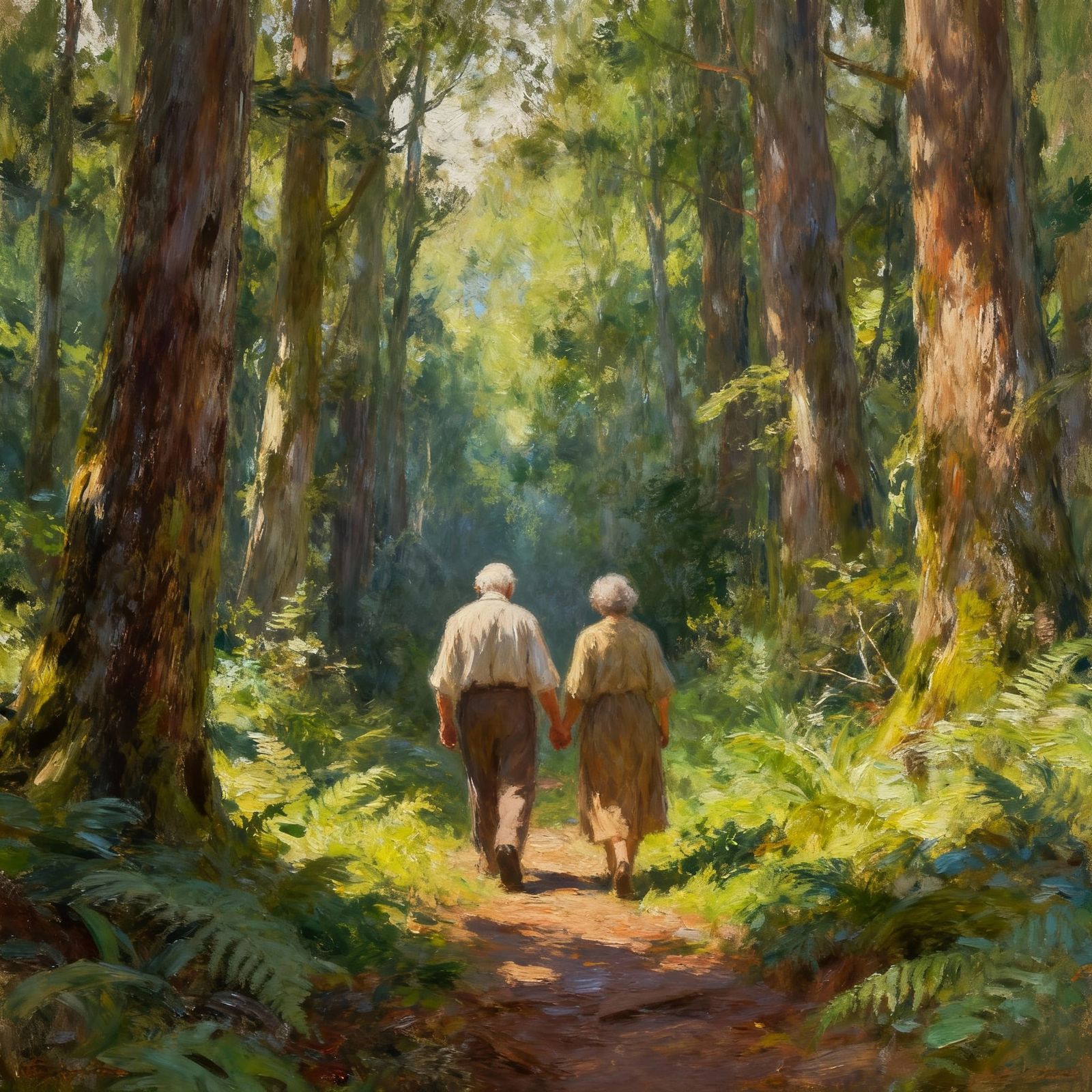 Elderly Couple Walks Into Unknown Forest as Oil Painting