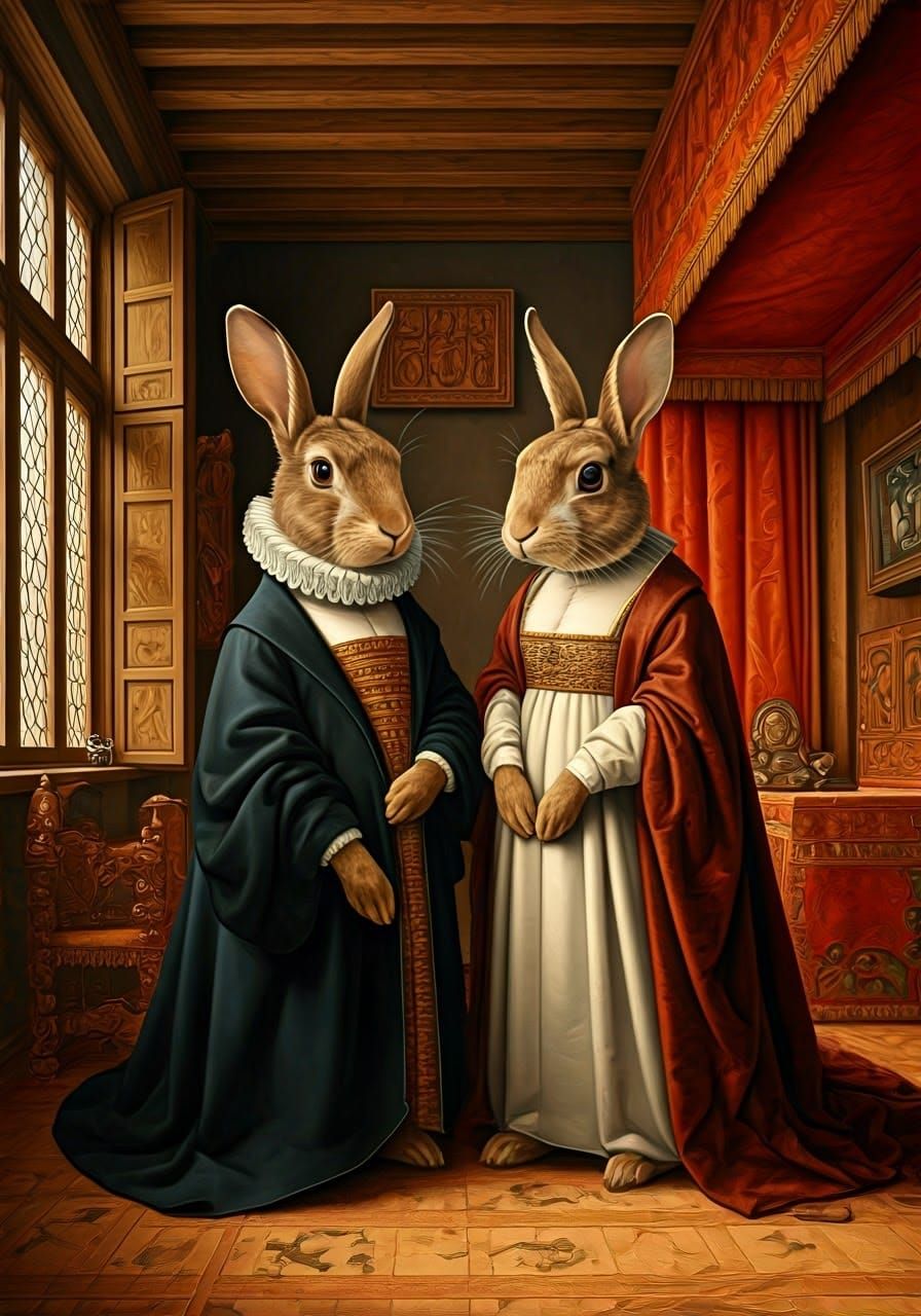 Style of Van Eyck, the Arnolfini Marriage with the people replaced with rabbits