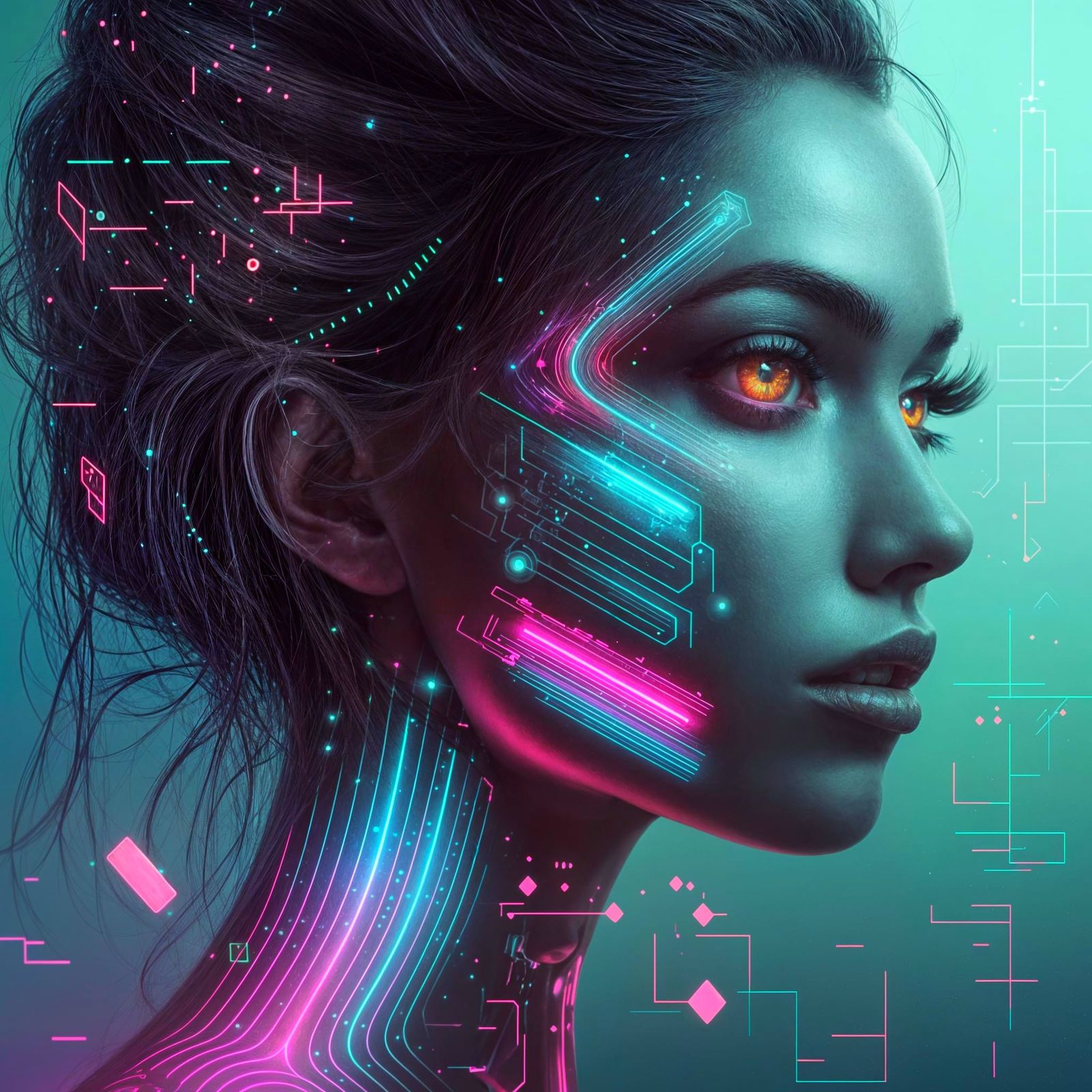 Cyberpunk Woman with Neon Circuits and Glowing Skin