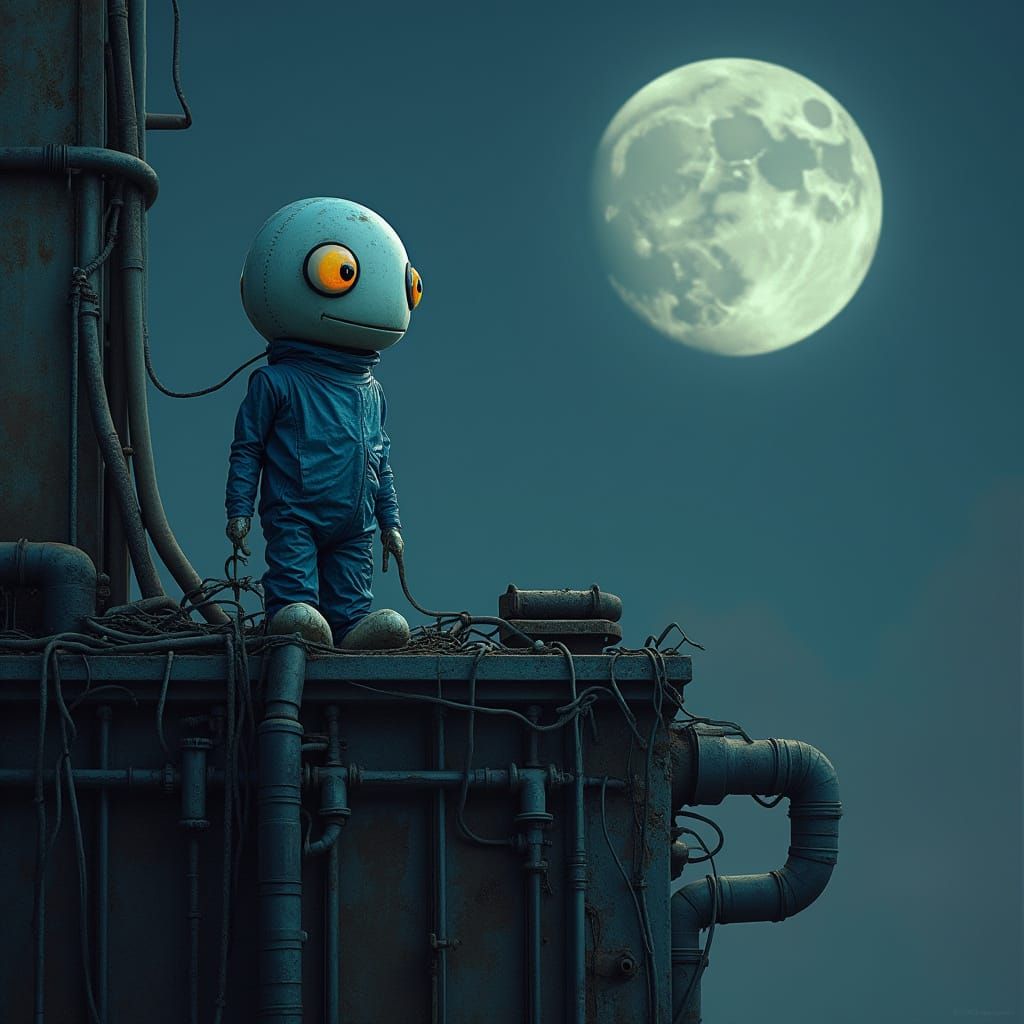 Egg in Blue Suit Gazing at Moon in Industrial Scene