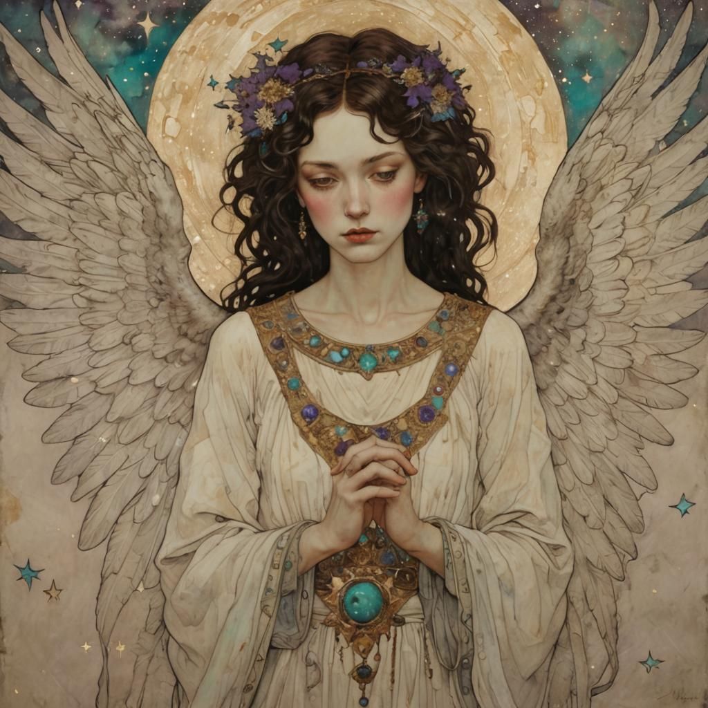 Ethereal Cosmic Angel with Silver Stars