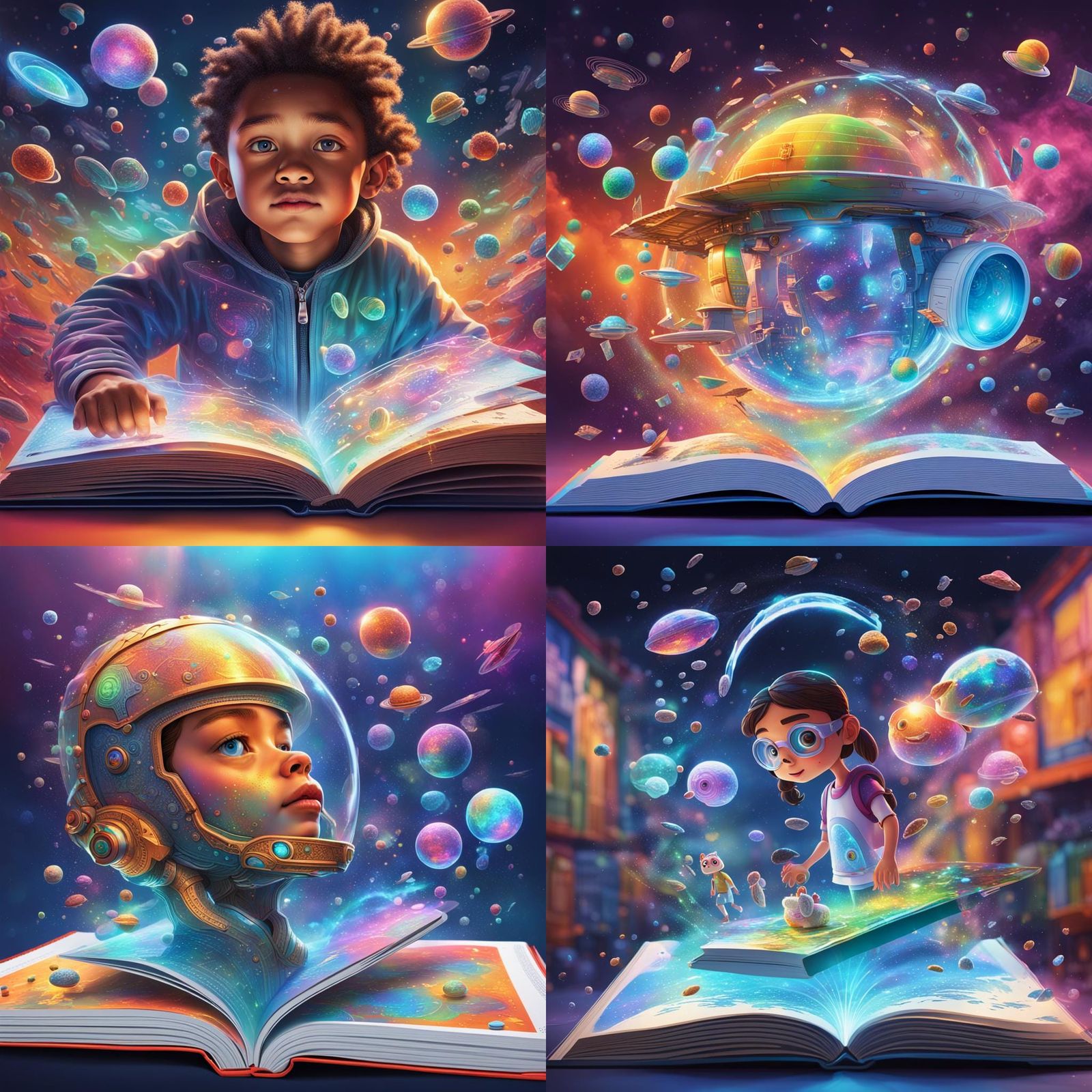 a futuristic, holographic children's book, with illustration...