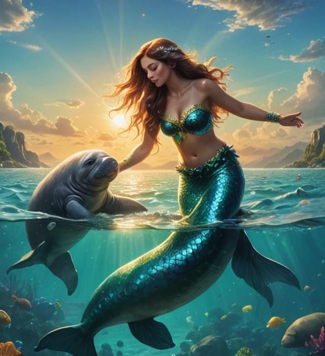 Mermaid and Manatee Play in Glittering Ocean