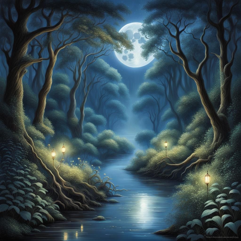 Enchanted Forest River Under Moonlight: Hyperrealistic Image