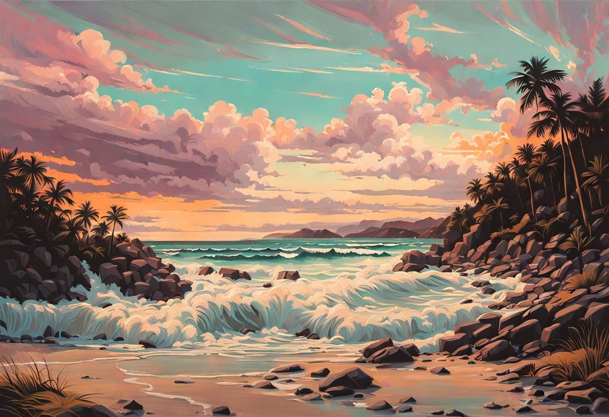 Pastel Beach Sunset in Graffiti Art Style