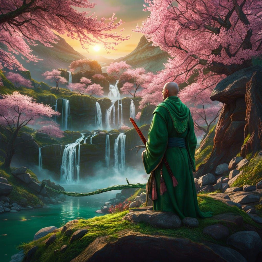 Fantasy Monk with Katana in Cherry Garden