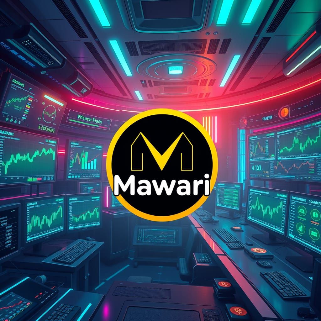 Futuristic Crypto Trading Floor with Mawari Logo