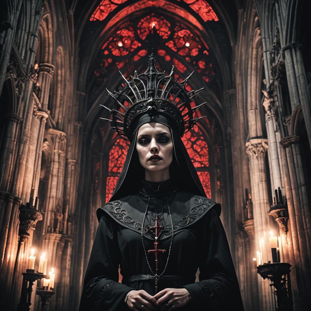 Dark Surrealism: Evil Nun in Gothic Cathedral