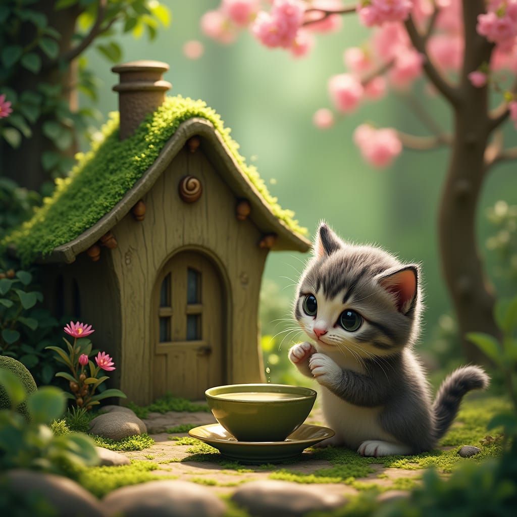 Whimsical Matcha House with Adorable Kitten