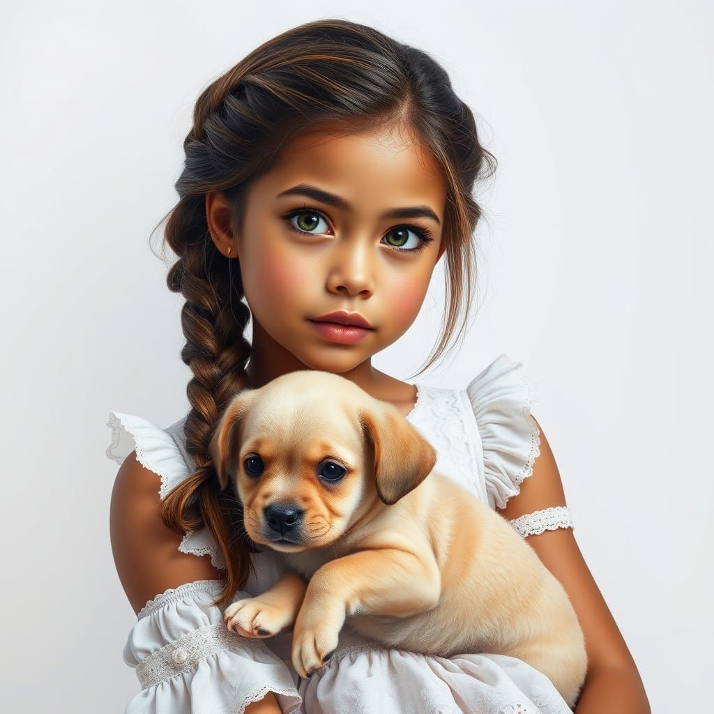 Latin Woman with Adorable Puppy in Hyper-Realistic Oil Paint...