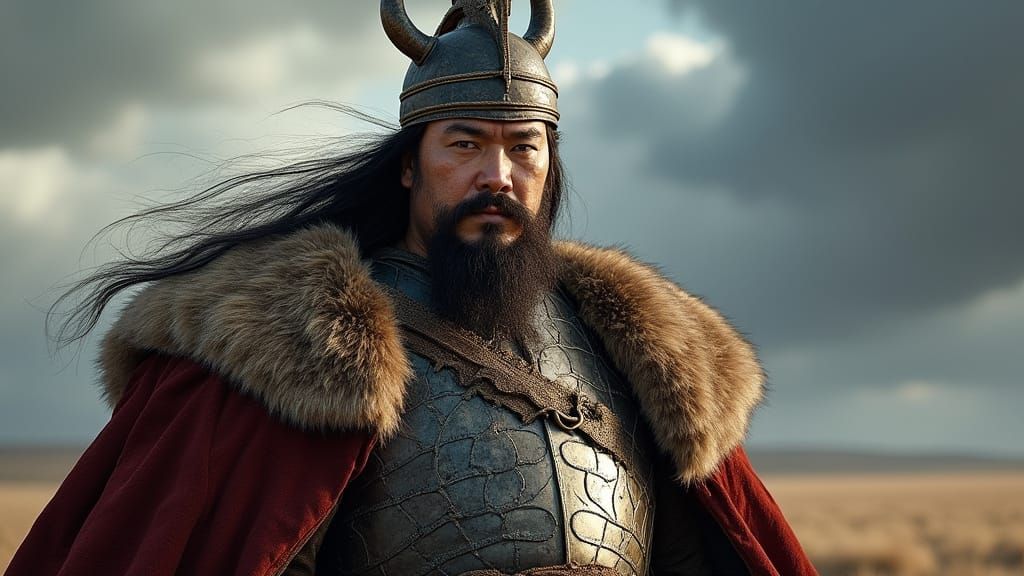 Genghis Khan Portrait: Mongol Conqueror in Battle Regalia