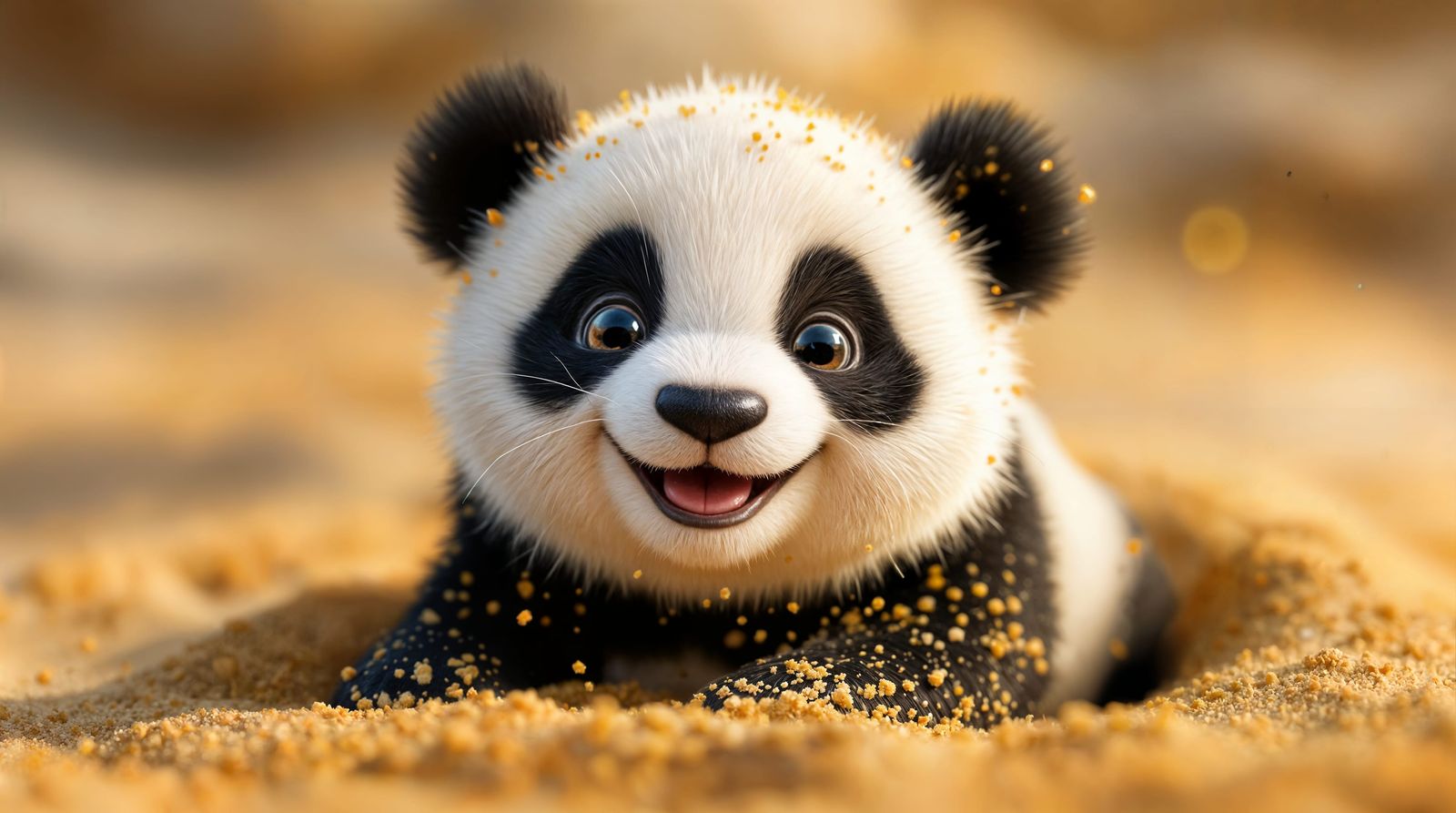 Sanda: Closeup 3D Portrait of a Happy Panda in Beach Sand