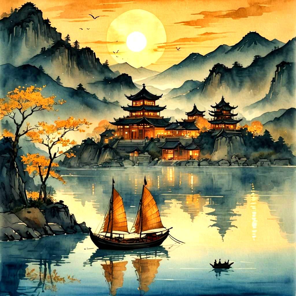 Chinese Sailboat on Lake at Night in Watercolor Style