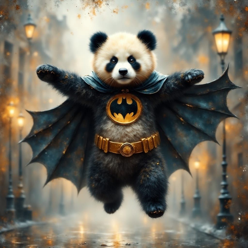 Panda Batman Soaring Through the Sky