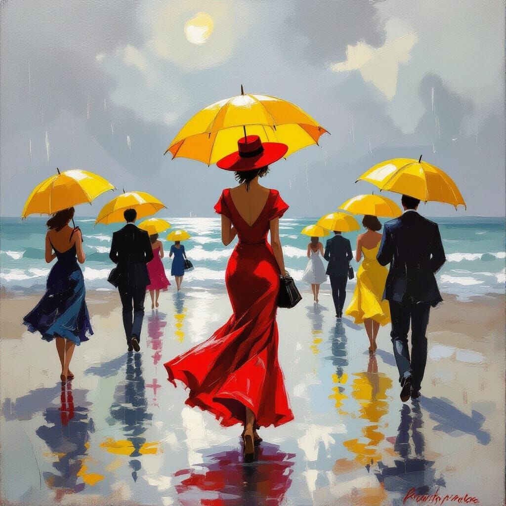 Woman in Red Dress on Rainy Beach Gathering Oil Painting
