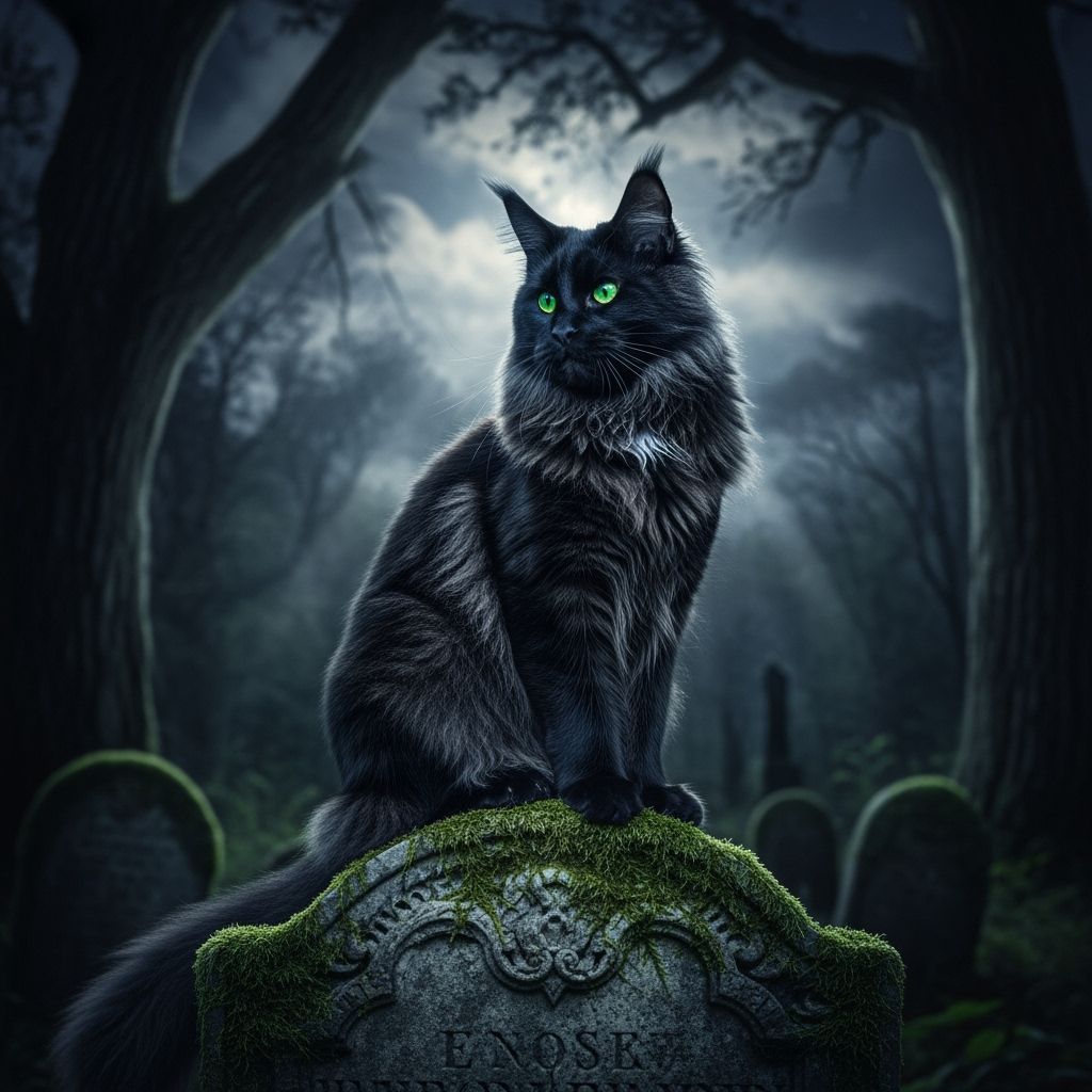 Regal Black Maine Coon on Gravestone in Moonlit Cemetery