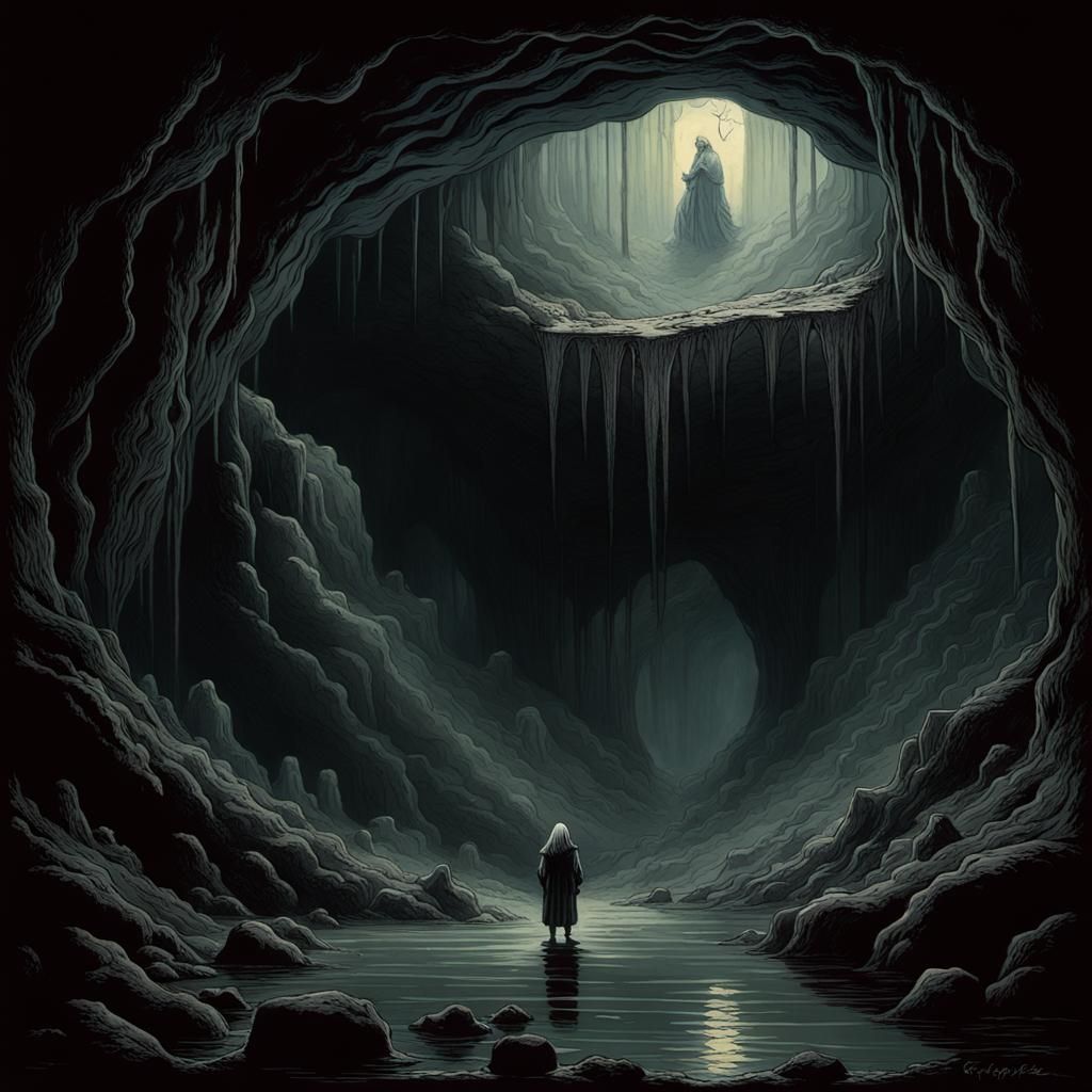 Eerie Cave Hidden in Dark Forest, Horror Art