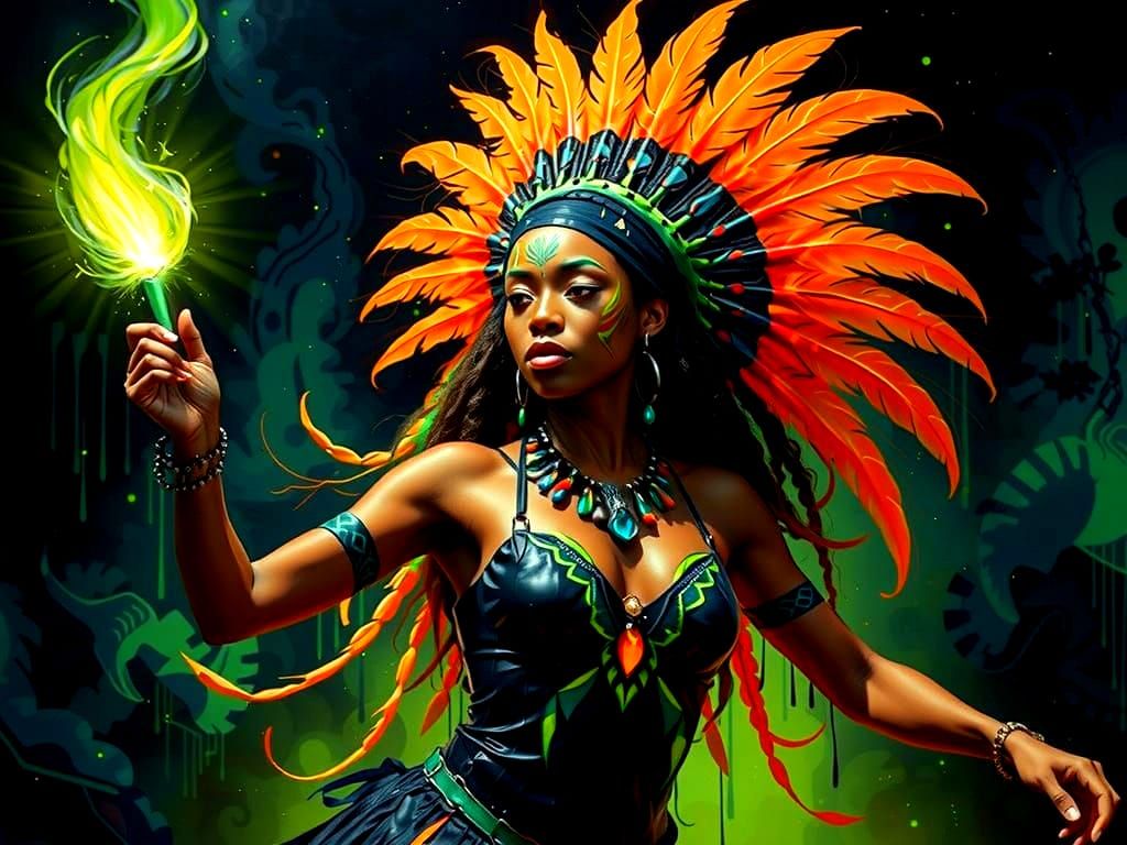 African Witch Dances Under Moonbeam with Neon Details