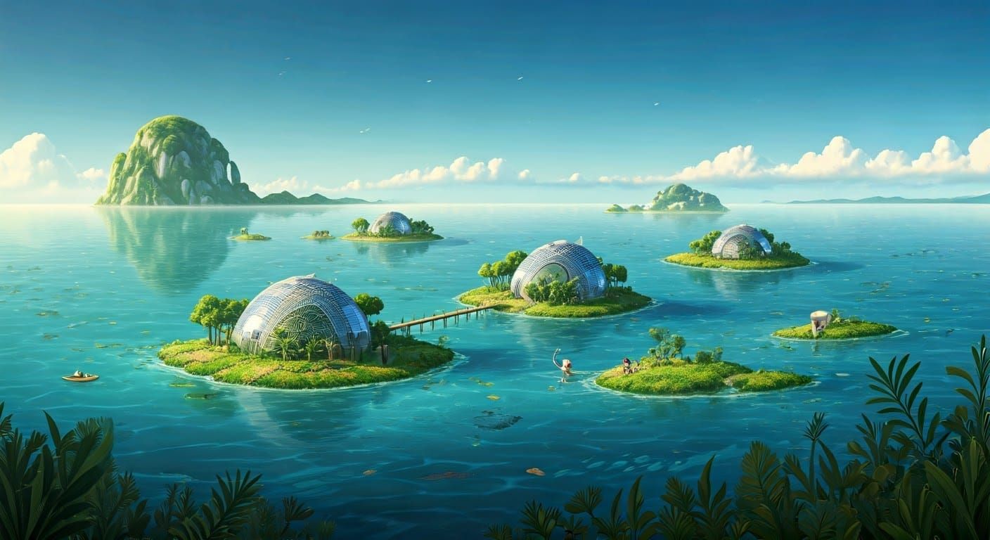 Solarpunk Oasis: Futuristic Islands in Harmony with Nature