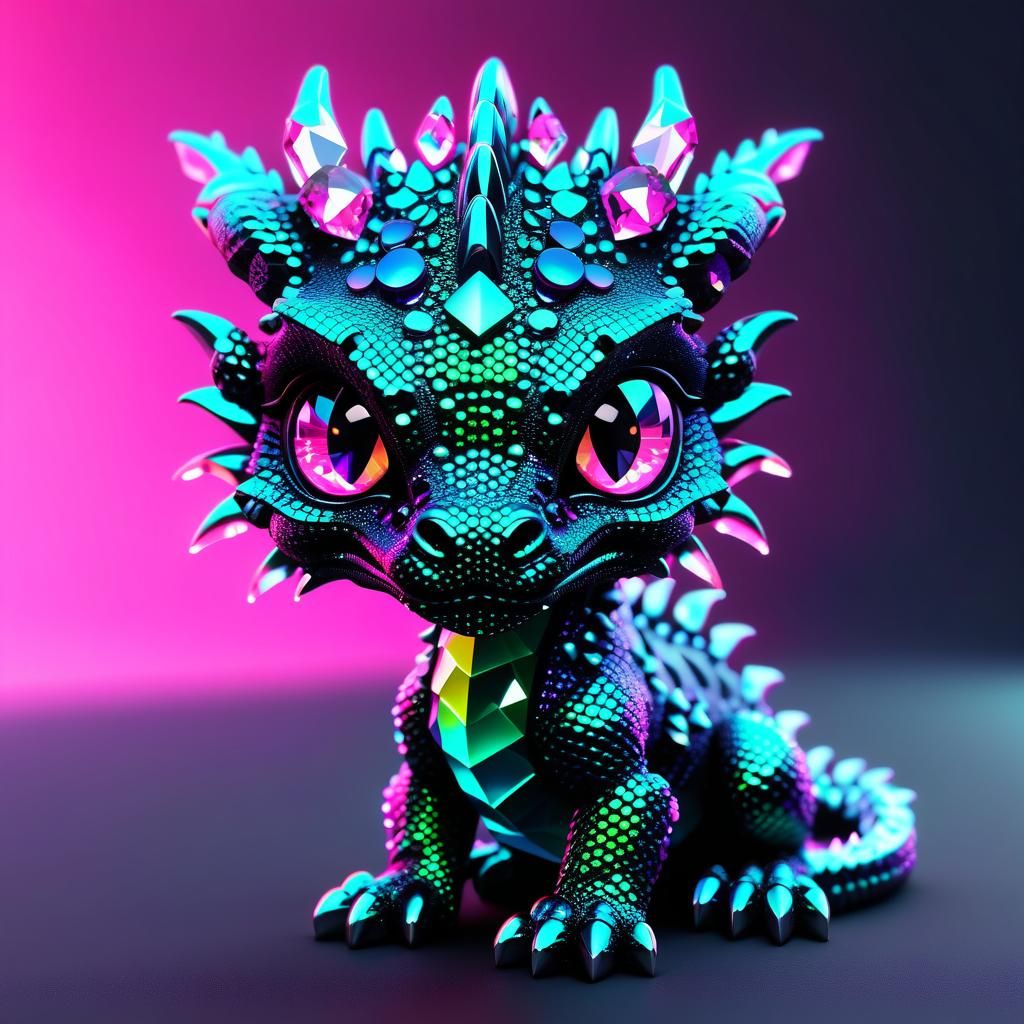 Baby Dragon with Chibi Eyes in Synthwave Style