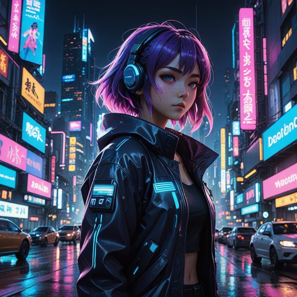 Vibrant Cyberpunk Cityscape at Night in Anime Style