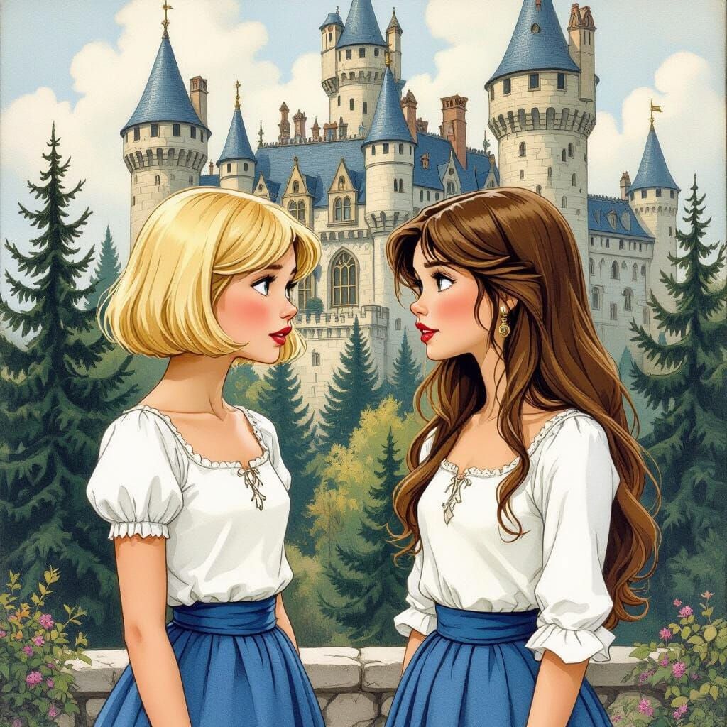 Girls Chatting in Fairy-Tale Castle Scene