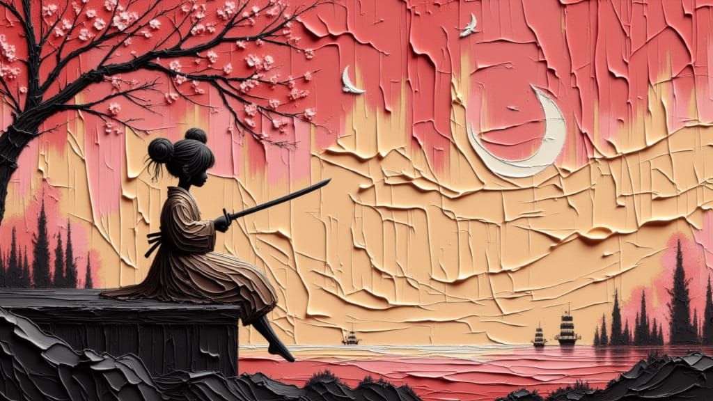 Samurai Katana Practice Under Cherry Blossoms at Sunset
