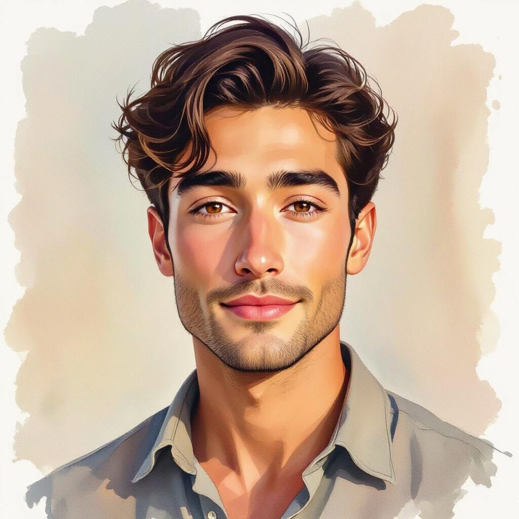 Watercolor Portrait of a Young Man with Expressive Eyes
