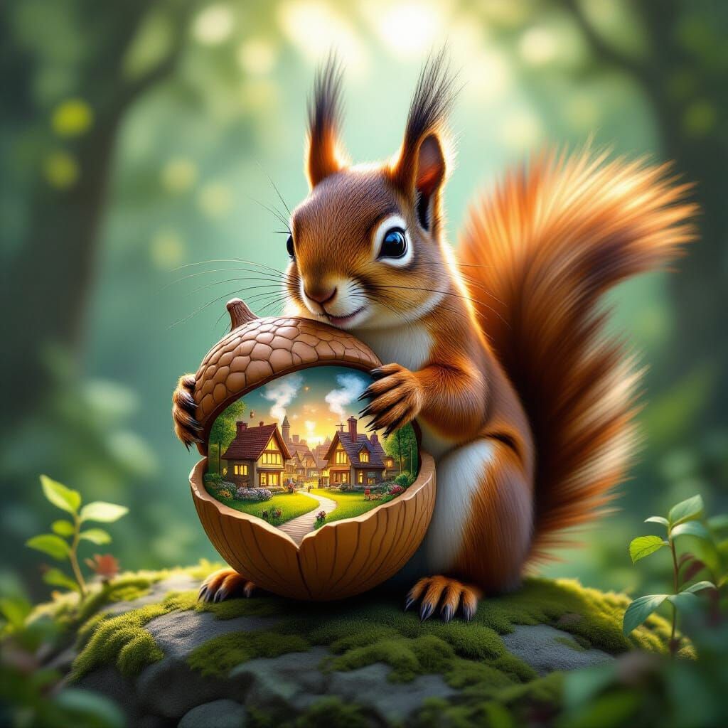 Giant Squirrel Holds Acorn Village in Storybook Style
