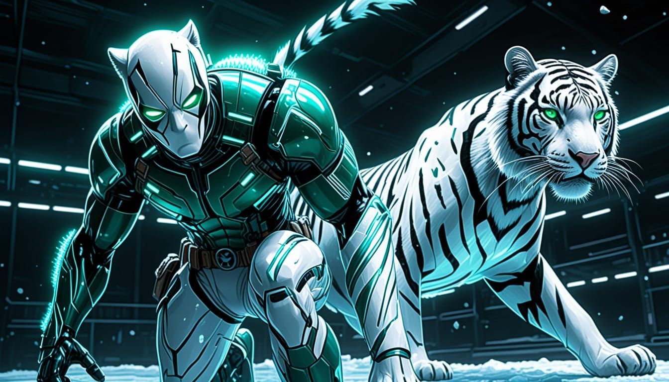 Cybernetic Tiger Hybrid in Dystopian Arena