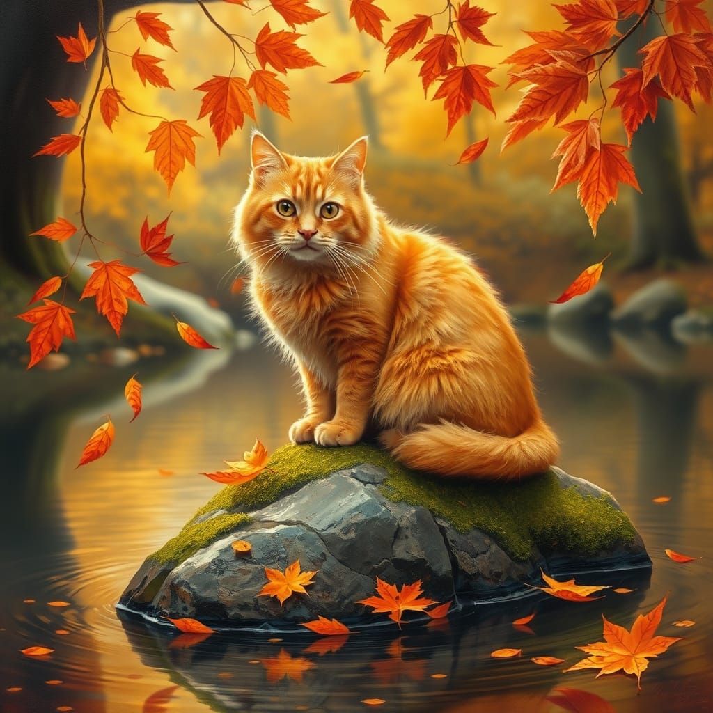 Ginger Cat in Autumn Landscape Painting