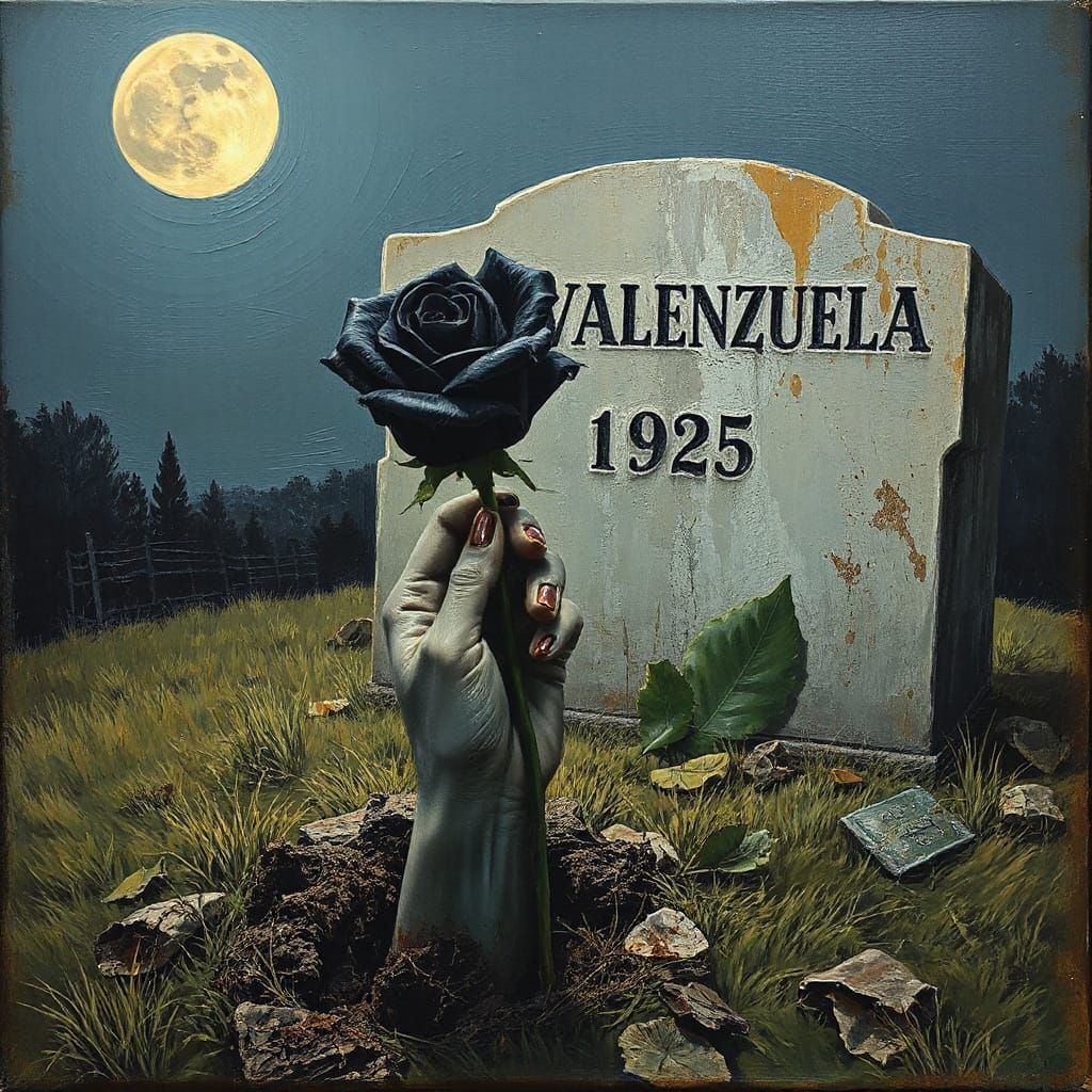 Mysterious Moonlit Tombstone with Gray Hand Reaching Out