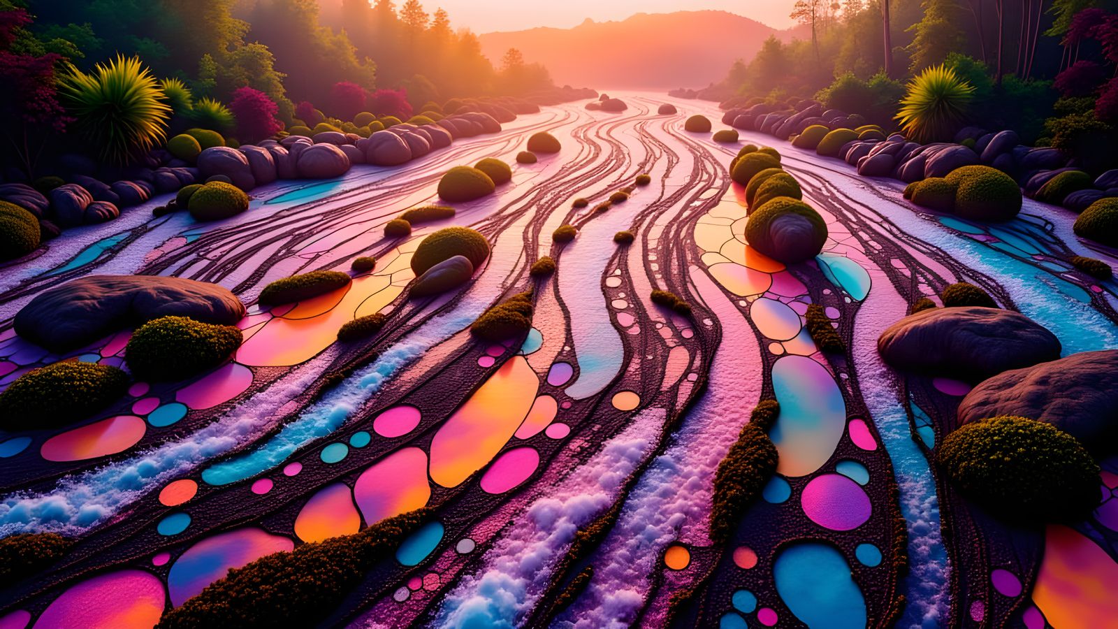 Kaleidoscopic River with Circuitry and Glyphs
