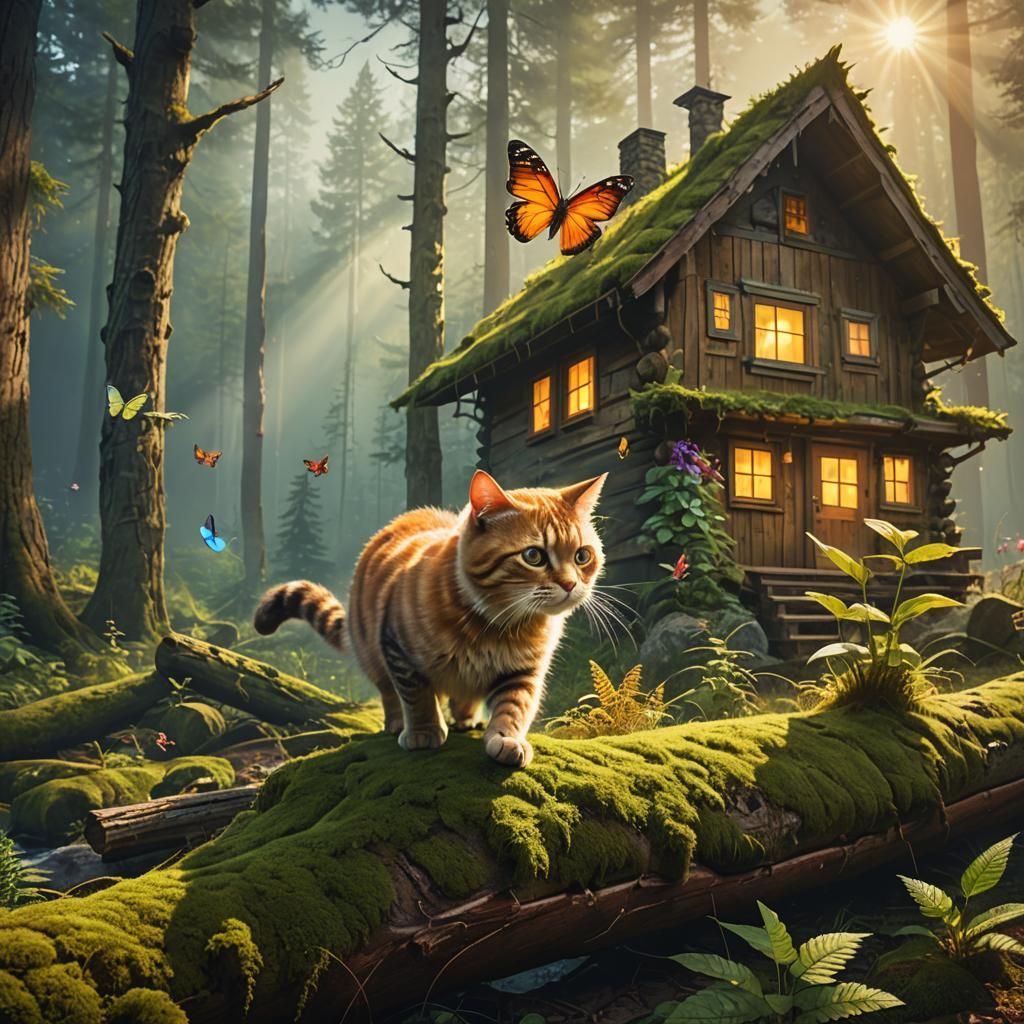 Cat Chasing Butterfly in Smoky Forest, Digital Painting