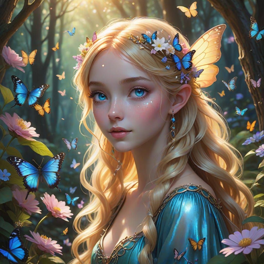 Ethereal Fairy Girl within a Sun-Dappled Forest Flower