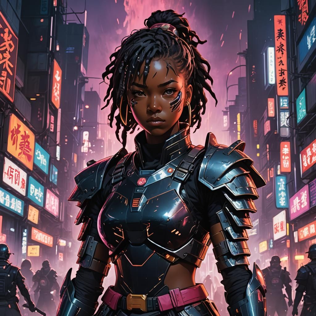 Cyberpunk Samurai Woman on War-Torn Battlefield