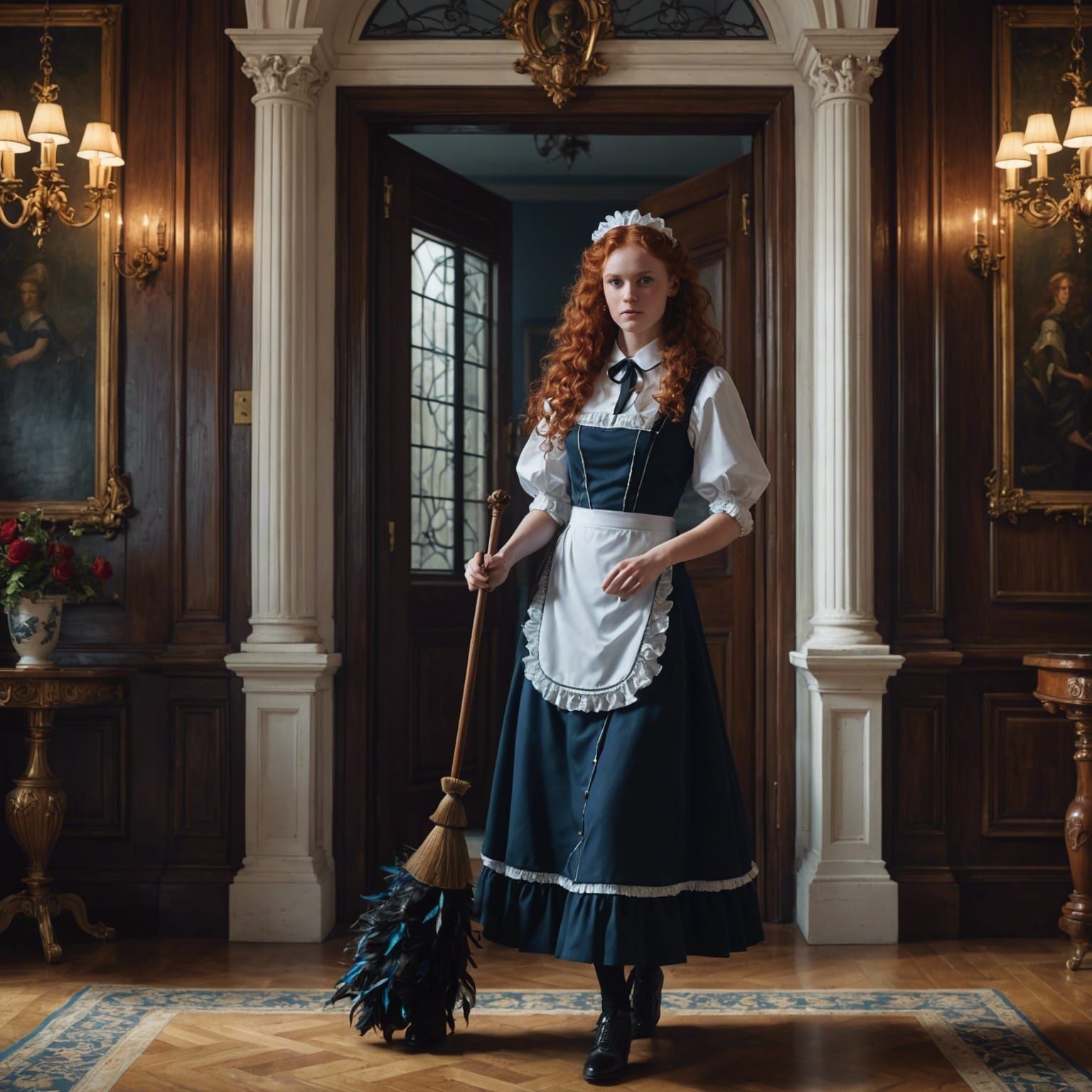 Red-Haired Maid Welcoming Guests to Mansion
