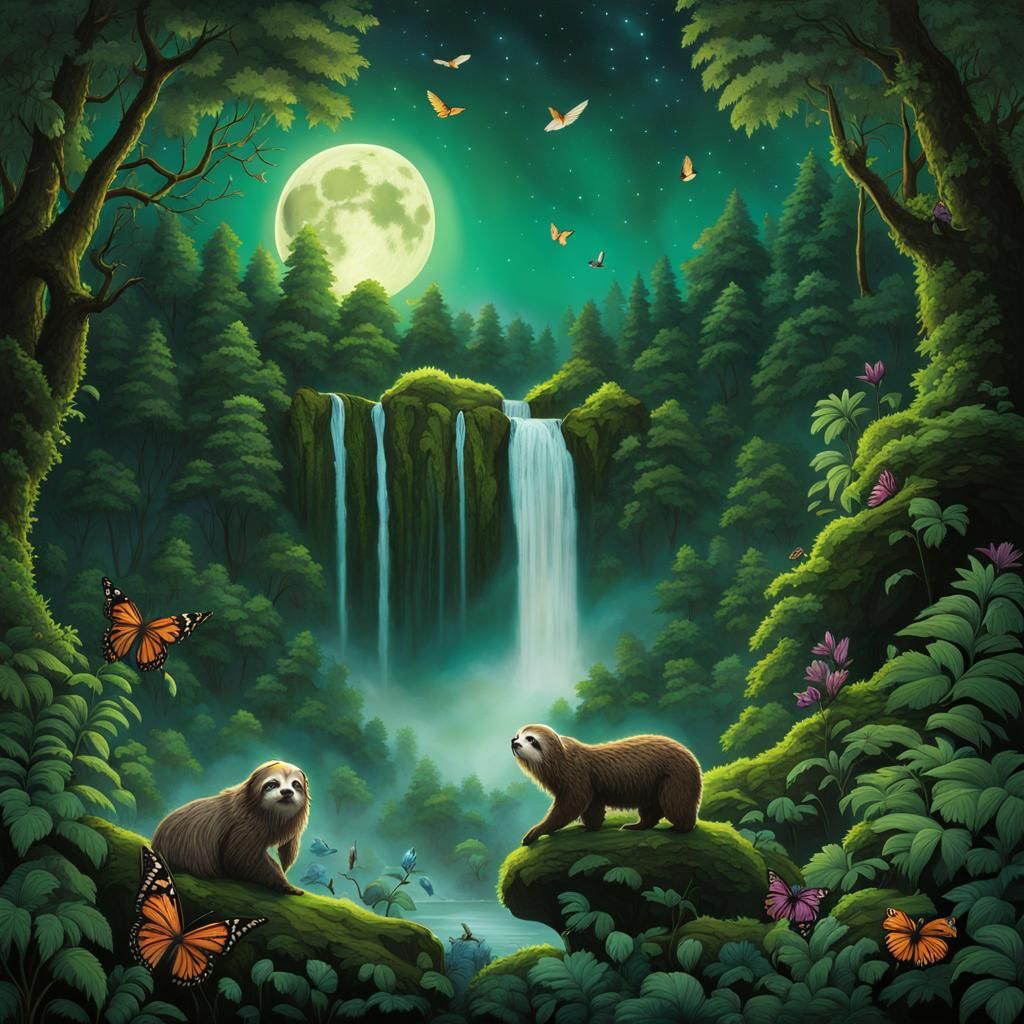 Lush Forest with Glowing Moon and Sloth