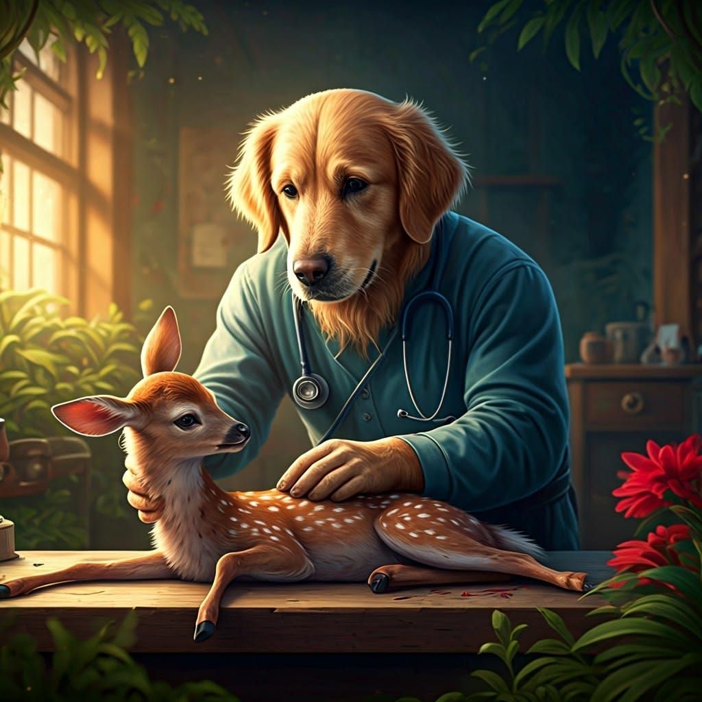 Golden Retriever Veterinarian Examines Wounded Fawn in Whims...