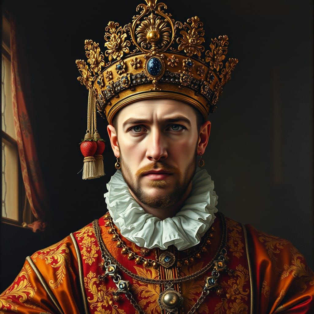 Baroque Nobleman in Opulent Attire, Renaissance-Style Portra...