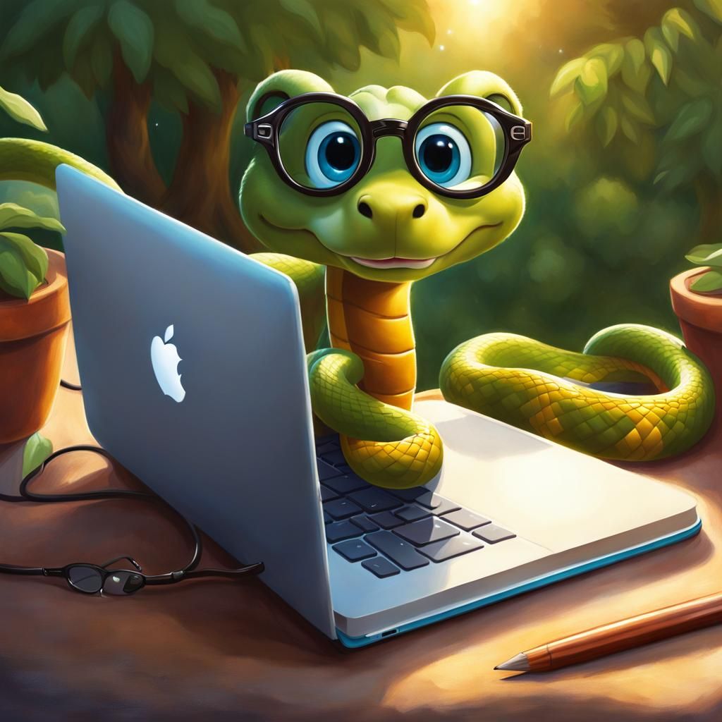 Adorable Cartoon Snake with Laptop, Disney Style