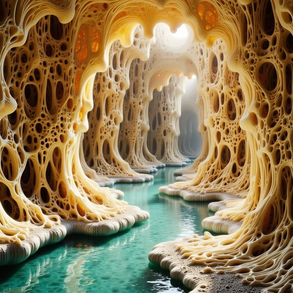 Biomechanical Marble Viaducts with Flowing Turquoise Fluids
