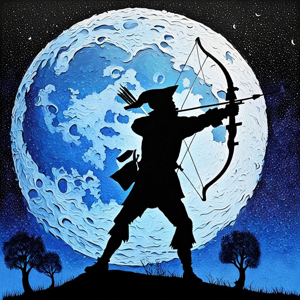 Robin Hood Silhouette with Blue Moon in Neo-Impressionist St...