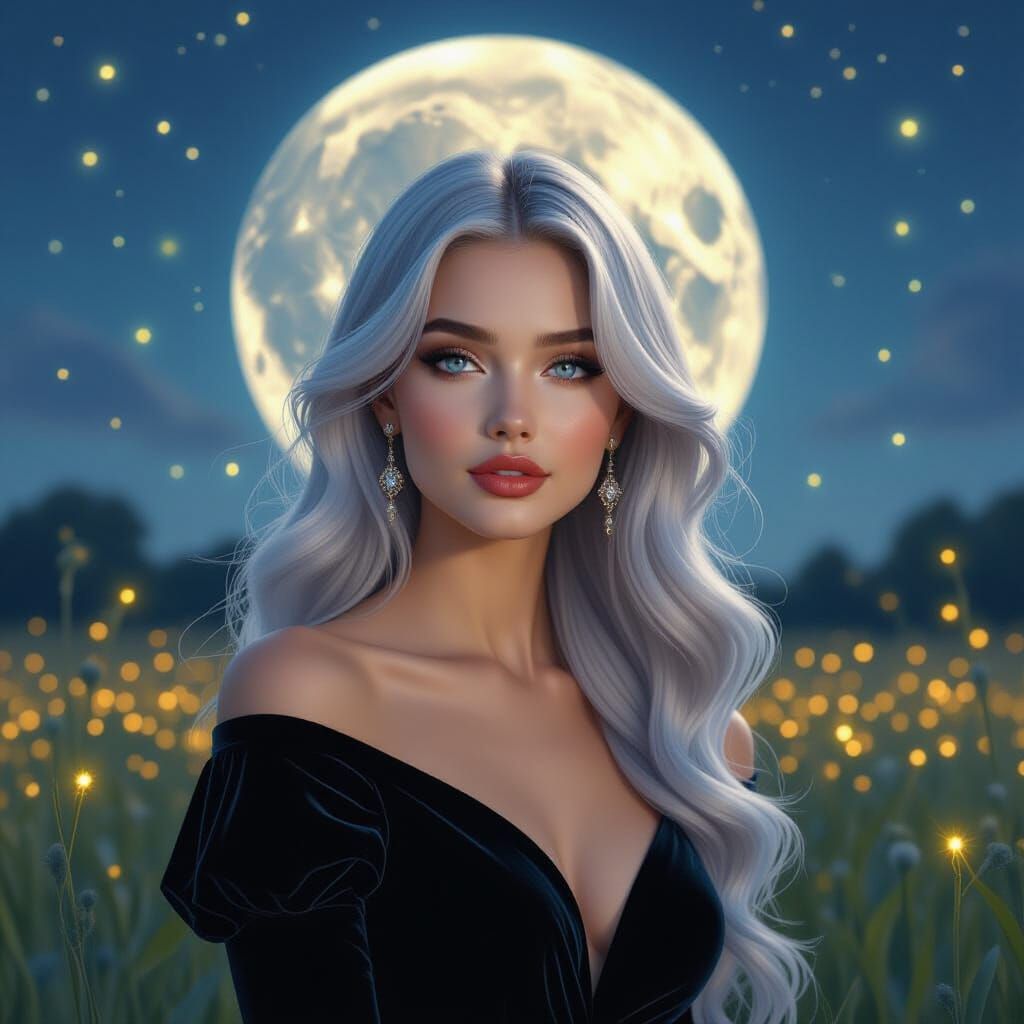 Ethereal Silver-Haired Woman in Firefly Field