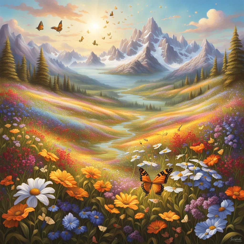 fantasy landscape of a vibrant flower meadow, filled with an...