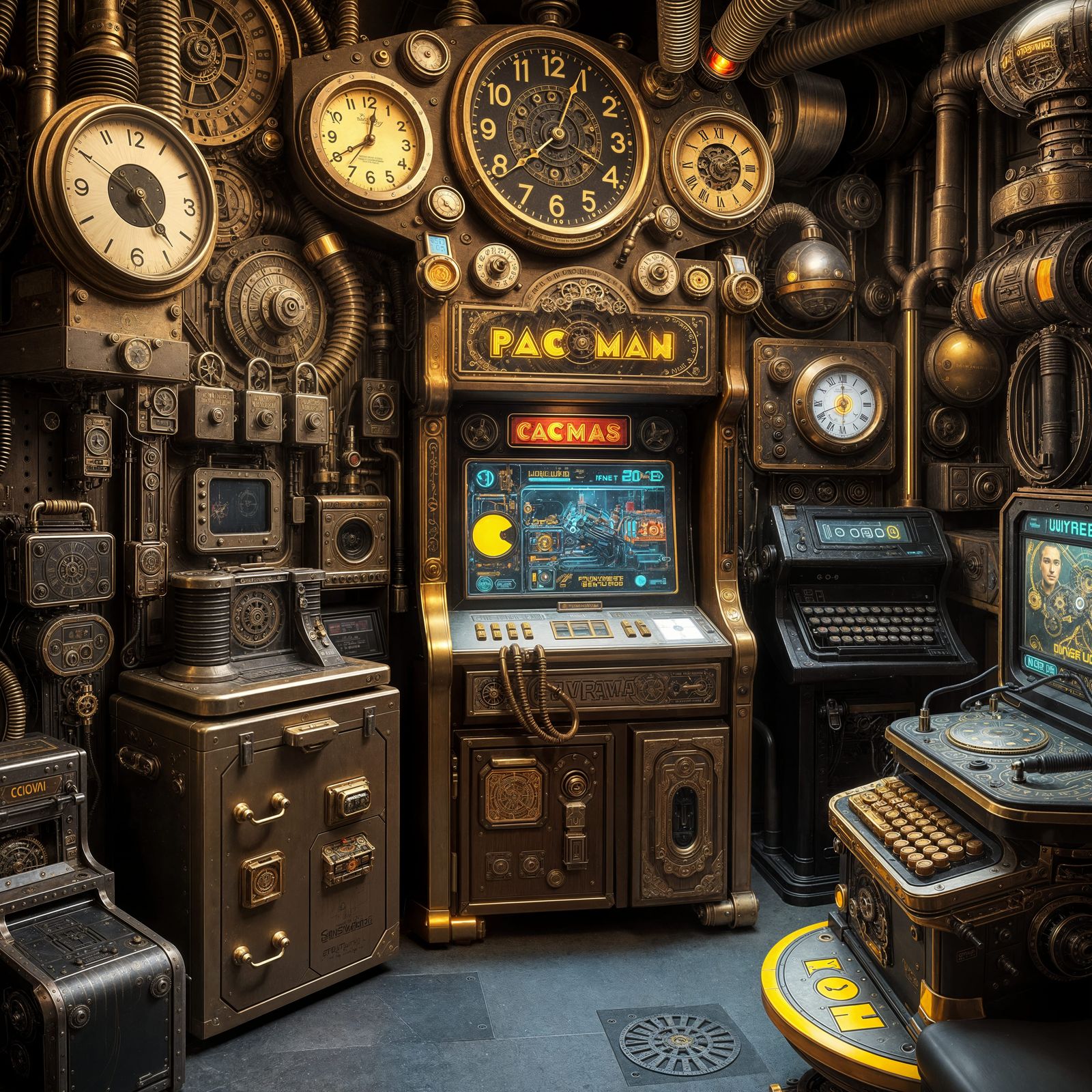 Clockpunk Arcade Machine with Dystopian Pac-Man Game